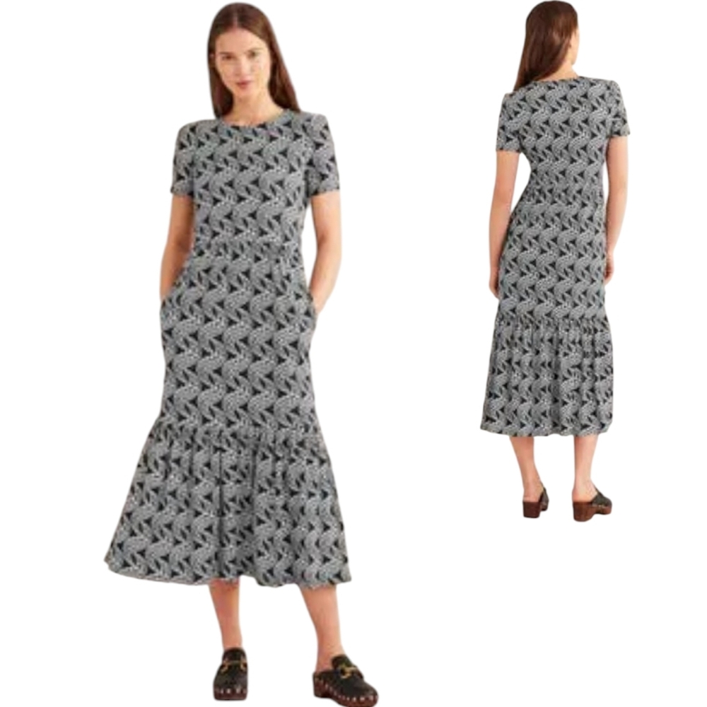 Boden Black & White Tiered Midi Dress Size 12